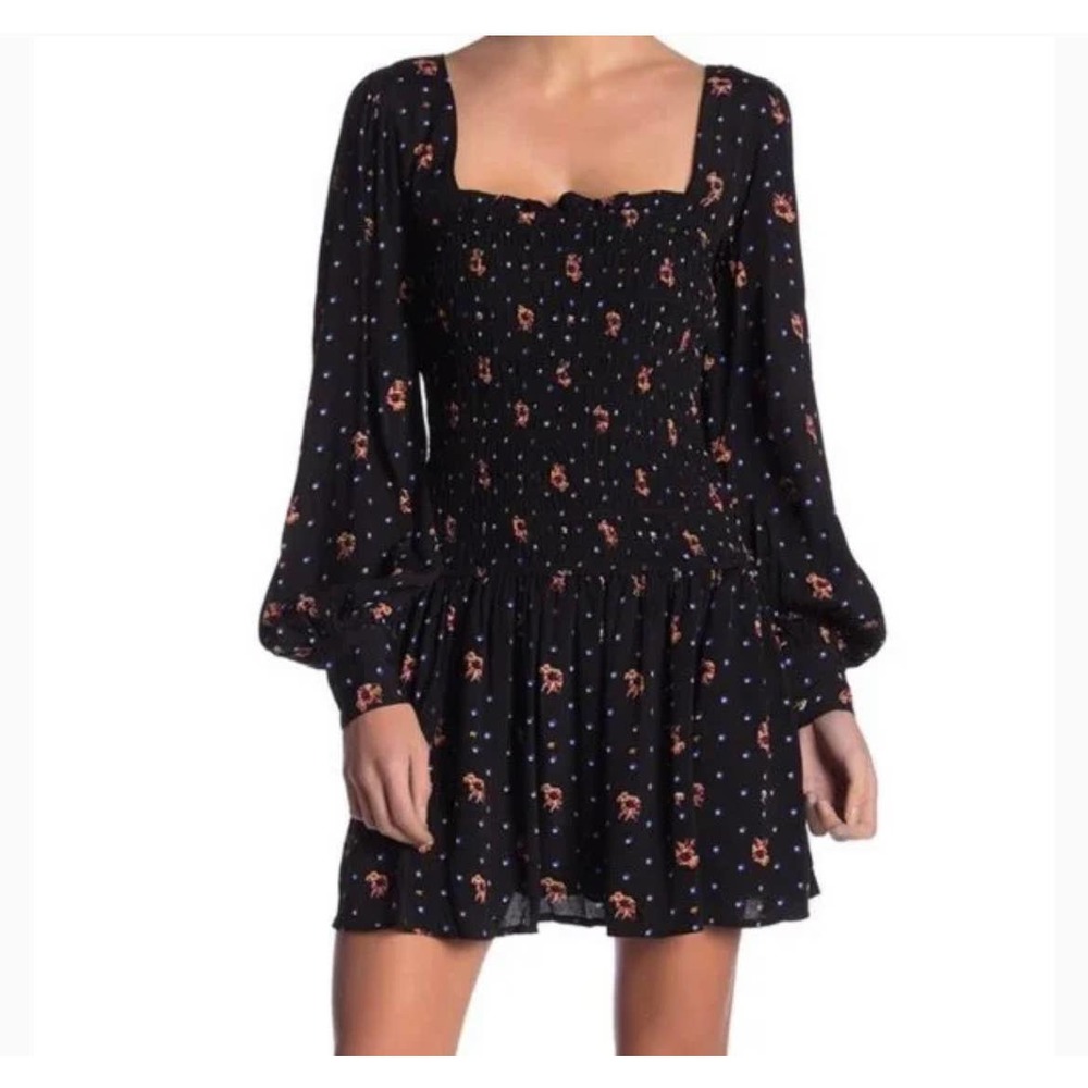 Free People Womens Two Faces Mini Dress Size S Drop Waist Black Blue Floral